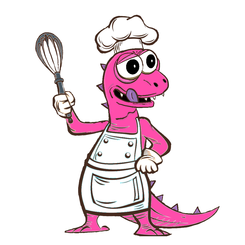 drawing of pink Spike holding cooking utensils wearing a chef outfit