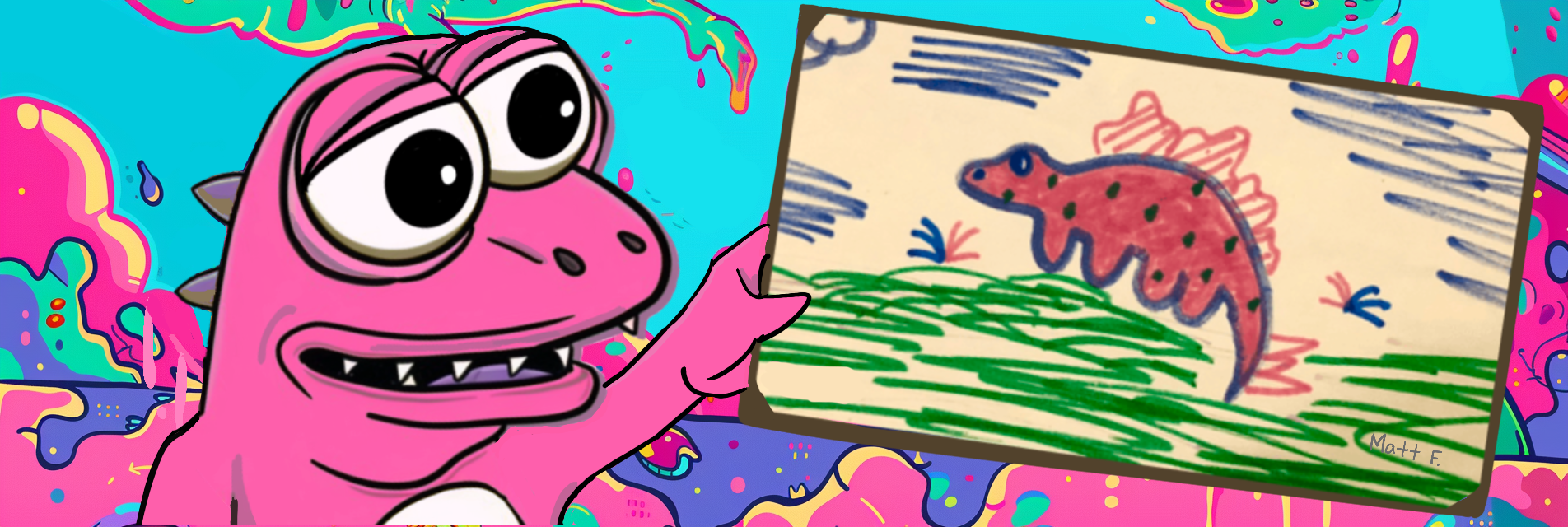a digital rendering of Spike holding up the original drawing created by Matt Furie