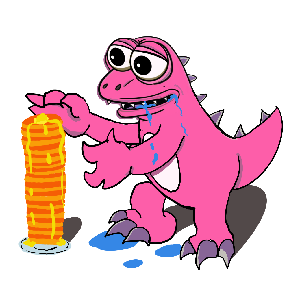 drawing of hungry Spike holding pancakes